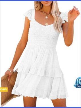 Polyester Rayon Smocked Ruffle Babydoll Mini Dress Casual Summer